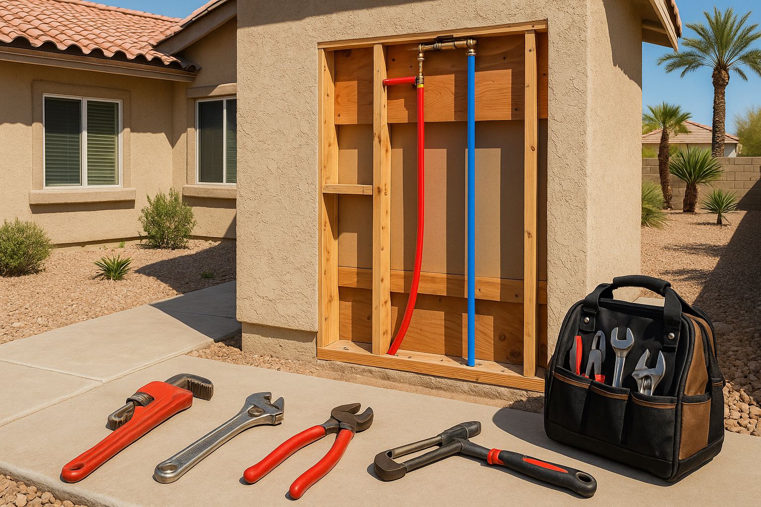 New PEX water lines neatly installed in the wall of a Henderson, NV home during a whole-home repipe
